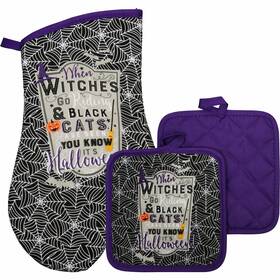 2678 Kitchen Cobwebs Witches Cats Purple And Black Word Oven Mitt Pot Holder Decor