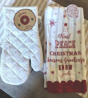 Kitchen 639277636294 Christmas Holiday Towel/oven Mitt Set Red White Silver New