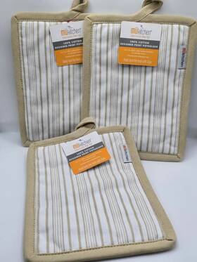 Kitchen 810042576407 Mu 3 Potholders Tan White Stripe Cotton Terry Lined 10 Inch