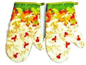 Kitchen 825540054821 Autumn Leaves And Berries Oven Mitts 2-pc Fall Holiday Cotton Green Gift