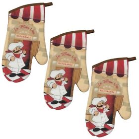 Kitchen Oven Mitts With Chef Drinking Coffee Set Of Three New
