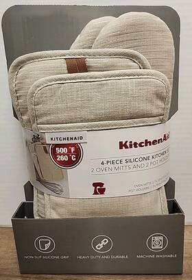 Kitchenaid 028332731829 New 4 Piece Silicone Kitchen Set. Beige. 2 Oven Mitts Pot Holders