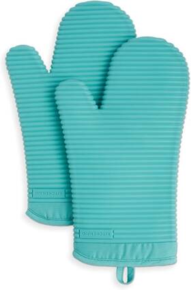 Kitchenaid 028332736879 Ribbed Soft Silicone Oven Mitt Set 7 Inch X13 Aqua Sky 2 Count