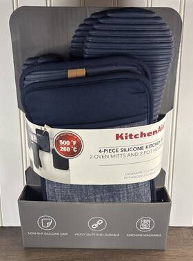 Kitchenaid 028332818780 4 Piece Kitchen Set Silicone 2 Oven Mitts Pot Holders Navy Blue