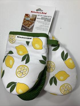 Green100 Kitchenaid Mini Mitts 2 Lemons Yellow Green 100% Cotton Silicone Grip Nwt