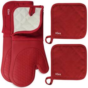 Klex 814491025417 Extra Long Silicone Oven Mitts And Pot Holders Set Red