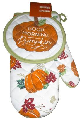Kohls 400696109344 Fall Oven Mitt And Pot Holder Set Good Morning Pumpkin 7 Inch X 11.75 Round