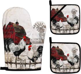 Kupenya 705353855245 Rooster Print Oven Mitts And Pot Holders Sets Of 4 Rustic Chicken Kitchen
