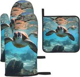 Qwe11151 Kururi Ocean Cute Sea Turtle Printed Oven Mitts And One Size