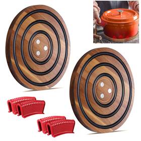 Wooden-trivet-46 Laiamer 2 Pcs Magnetic Wooden Trivets For Hot Pots And Pans With 4 Silicone Pot Handl