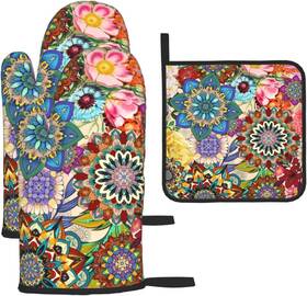 Lanaiqo 313048754775 Boho Floral Oven Mitts And Pot Holders Sets Of 3 Heat Resistant Non Slip Colorf