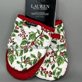 3139gktb1 Lauren Ralph Mini Oven Mitts Red White Green Christmas Holly 2 100% Cotton Nip