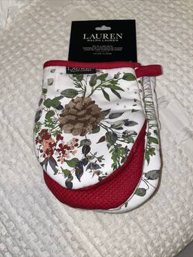 P1014 Lauren Ralph Christmas Kitchen Mini Oven Mitt Pine Cone Floral Set