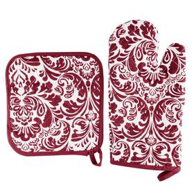 Lavish Home 191344122524 Oven Mitt And Pot Holder Set Quilted Flame By Burgundy