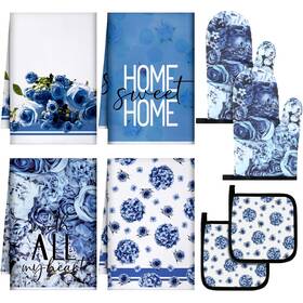 Koo-leinuosen-1140 Leinuosen 8 Pcs Blue Rose Kitchen Towels And Dishcloths Sets Oven Mitts Pot Holders