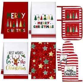 Koo-leinuosen-1577 Leinuosen 8 Pcs Christmas Kitchen Decoration Set Tree Towels Oven Mit