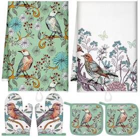 Koo-leinuosen-562 Leinuosen 6 Bird Flower Kitchen Towels Decor Accessories Set Floral Plant Oven Mit