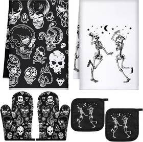 Koo-leinuosen-847 Leinuosen 6 Pcs Halloween Skull Kitchen Towels Oven Mitts And Pot Holders Set Sk