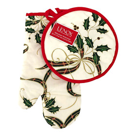 Lenox Nouveau Christmas Holiday Holly Oven Mitt And Pot Holder Hot Pad Set
