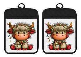 Xdz353dph Liberty Flags And Gifts Farm Highland Cow Calf Holiday Pot Holders Oven Mitt Hot Pad Linen Towel Xdz358
