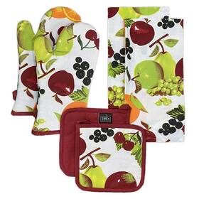 Lintex 052501414879 Fruit 100% Cotton 6pc Kitchen Towel Pot Holder Oven Mitt Set