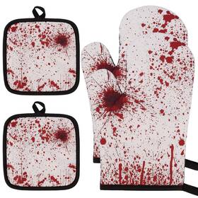 Lucleag 784300448075 4 Pieces Halloween Oven Mitts And Pot Holders Set Bloody Mitt