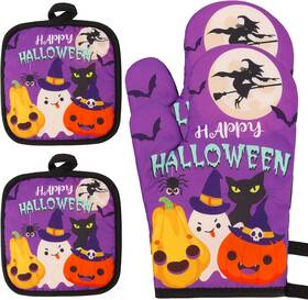 Lucleag 784300448082 4 Pieces Halloween Oven Mitts And Pot Holders Set Happy Pumpk
