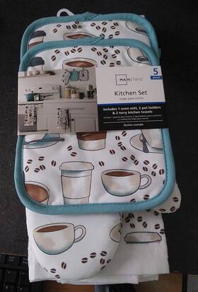 Mainstays 073558793816 Coffee Time 5-piece Kitchen Towel Set Oven Mitt Pot Holders Terry Towels