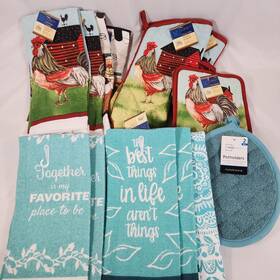 Mainstays 840525031550 Kitchen Towels And Oven Mitts 15pc Set Teal Paisley Chicken/roosters