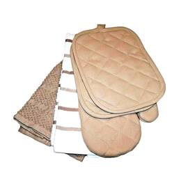 Mainstays 840525098706 Brown Tan White Kitchen Towels Oven Mitt Potholders Cotton Solid Stripe 5-piece