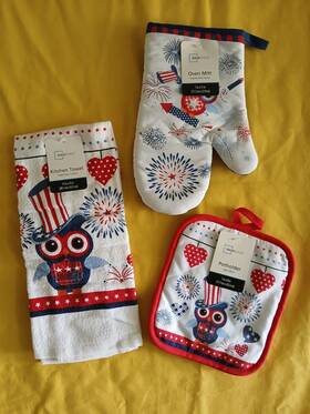 Bin2 Mainstays Patriotic Owl Kitchen Set Nwt Towel Mitt Pot Holder