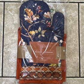 Op084ab01 Maison Dhermine Dfthermine Floral Cotton Oven Mitt And Pot Holder Set Navy Orange 7.5x13 8x8