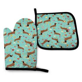Mantaiyuan 639505018281 Oven Mitt And Pot Holders 2 Piece Set Dachshunds On Turquoise Floral Backgr