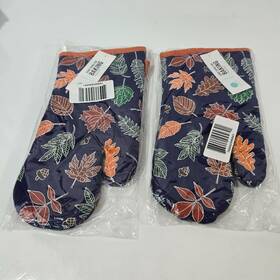 Martha Stewart 733002945641 Fall Leaves Oven Mitts Lot Of 2 Navy 100% Cotton Harvest New