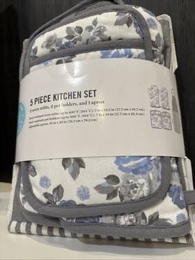 Martha Stewart 769924670156 5 Piece Kitchen Set 2 Oven Mitts Pot Holders 1 Apron Blue /gray