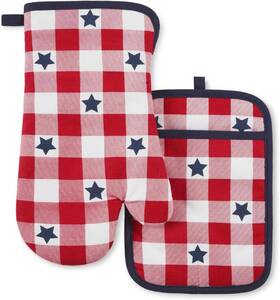 St022333tdms Martha Stewart Americana Star Gihgham Oven Mitt And Pot Holder Red/white/blue