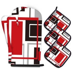 B0c1129k4g Mcalk 5 Pcs Geometric Red Oven Mitts And Pot Holders Sets Black Gloves