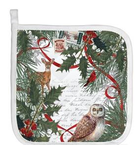 843425 Michel Design Works Winter Woodland Deer Owl Evergreen Holly Cotton Potholder