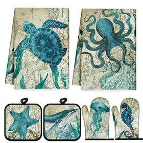 Fen-mindsoft-0073 Mindsoft 6 Pcs Sea Ocean Beach Kitchen Towels Pot Holders And Oven Mitts Set Include 2