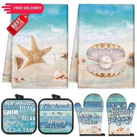 Fen-mindsoft-0855 Mindsoft 6 Pcs Summer Beach Kitchen Towels Pot Holders And Oven Mitts Set Multicolour