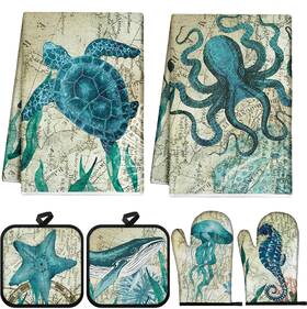 Fen0073 Mindsoft 6 Pcs Sea Ocean Beach Kitchen Towels Pot Holders And Oven Color