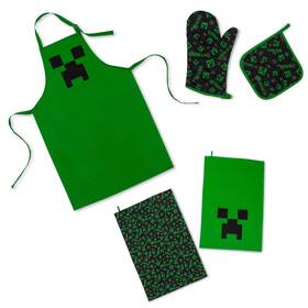 17807 Minecraft Green Creeper Kitchen Set Apron Oven Mitt Dish Towels Pot Holder