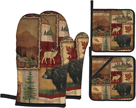 Moose Oven Mitts And Pot Holders Set Of 4 Rustic Vintage Mitt Hea