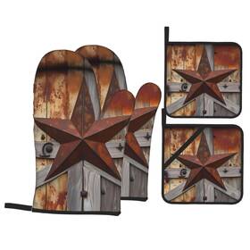 Mount Hour 698735288192 4-piece Set Oven Mitts And Potholders Retro Western Texas Star In Wood Baking