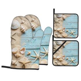 Mount Hour 698735288338 4-piece Set Oven Mitts And Potholders Sea Shell Beach Summer Starfish Board