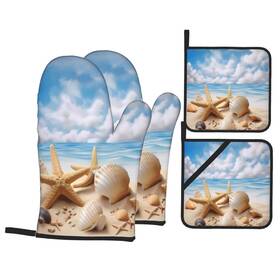 Mount Hour 698735288383 4piece Set Oven Mitts And Potholders Starfish Seashells On Beach With Bright