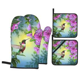 Mount Hour 698735432496 4piece Set Oven Mitts And Potholders Spring Bird Hummingbird Summer Purple Flowe