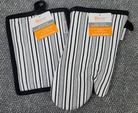 6014-2208 Mu Kitchen Oven Mitt Potholder Black Stripe 100% Cotton Terry Lined 2pc Set Gift