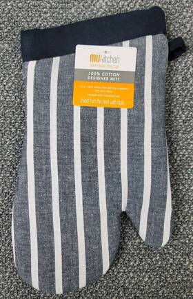 6034-1908 Mu Kitchen Oven Mitt Glove Pinstripe Onyx 100% Cotton Thick Terry Lined 13in