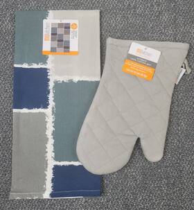 6629-2258 Mu Kitchen Oven Mitt Potholder Blue Abstract Cotton Terry Lined 2pc Set Gift